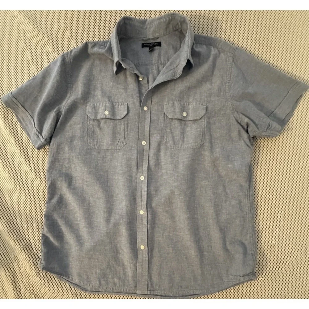 Banana Republic Men Button Up Linen Blend Shirt L/XL Blue Pockets‎ Beach Coastal